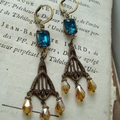 Brass Art Nouveau Earrings With Green And Gold..