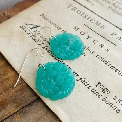 Floral Glass Cabochon Earrings Large Mint Green..