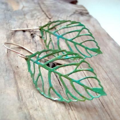 Patina Cutout Leaf Earrings Nature Inspired..