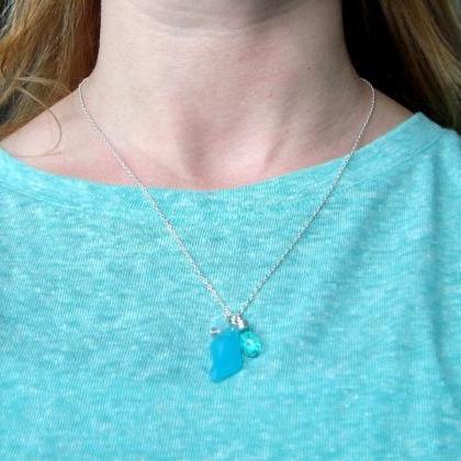 Sea Glass Necklace, Aqua Shell And Crystal, Summer..