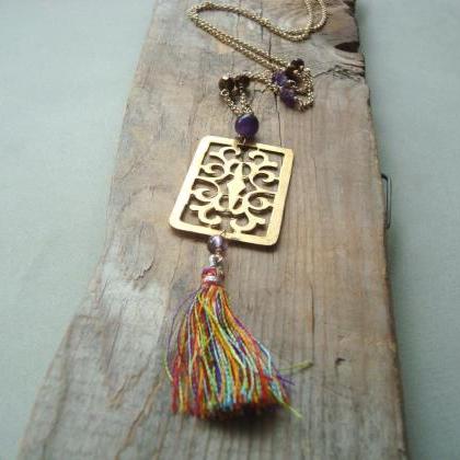 Boho Tassel Necklace With Brass Rectangle,..