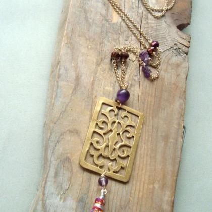 Boho Tassel Necklace With Brass Rectangle,..