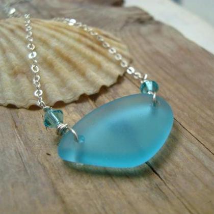 Aqua Sea Glass Necklace With Crystal Sterling..
