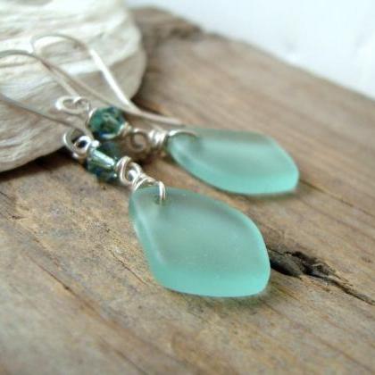 Aqua Sea Glass Necklace With Crystal Sterling..
