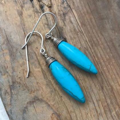 Turquoise Navette Earrings Sterling Silver Wire..