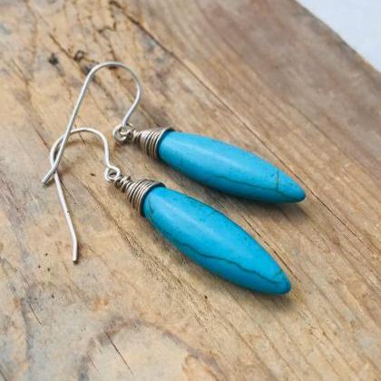 Turquoise Navette Earrings Sterling Silver Wire..