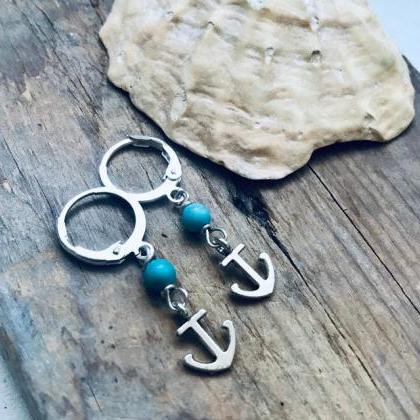 Anchor Earrings With Turquoise Silver Jewelry..