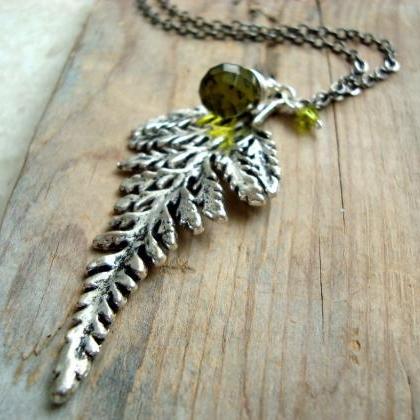 Silver Fern Necklace With Olive Green Crystals,..