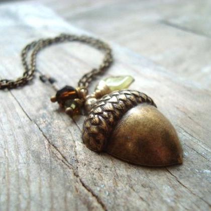 Brass Acorn Necklace Charm Necklace Fall Woodland..
