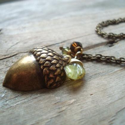 Brass Acorn Necklace Charm Necklace Fall Woodland..