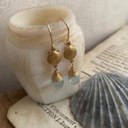 Brass Scallop Earrings With Aqua Crystal Beachy..