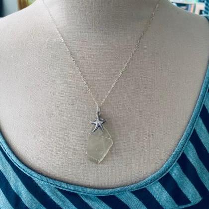Sea Glass Necklace Clear With Silver Starfish..