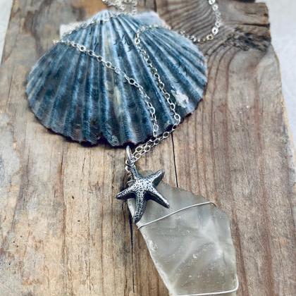 Sea Glass Necklace Clear With Silver Starfish..