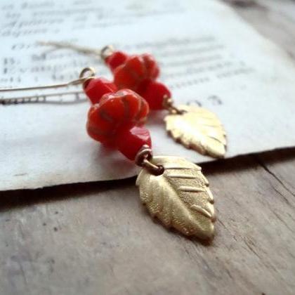 Tomato Red Glass And Brass Leaf Earrings Gold Fall..