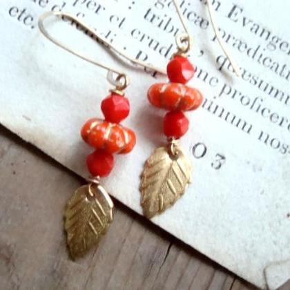 Tomato Red Glass And Brass Leaf Earrings Gold Fall..