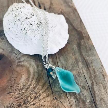 Shell Necklace Mint Green Glass Crystal Sea Glass..