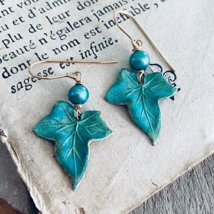 Ivy Leaf Earrings With Aqua Pearl Art Nouveau..