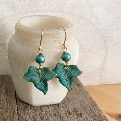 Ivy Leaf Earrings With Aqua Pearl Art Nouveau..