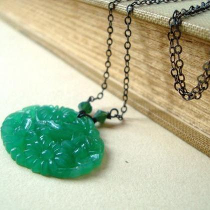 Floral Glass Cabochon Necklace Emerald Green..