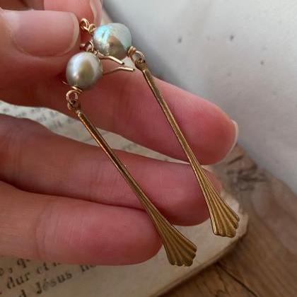 Aqua Pearl And Brass Earrings Vintage Style Art..