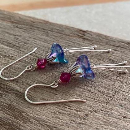 Blue Holiday Blossom Earrings With Fuchsia..
