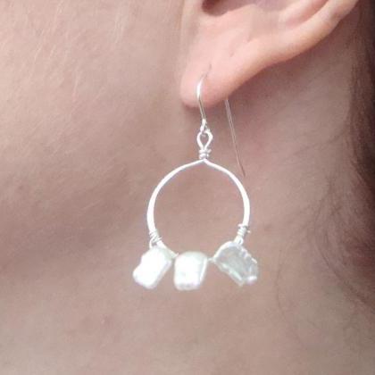 Small Hoop Earrings With White Keshi Pearl..