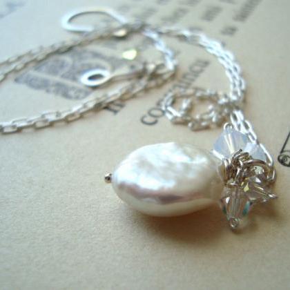 White Coin Pearl And Crystal Necklace Bridal..