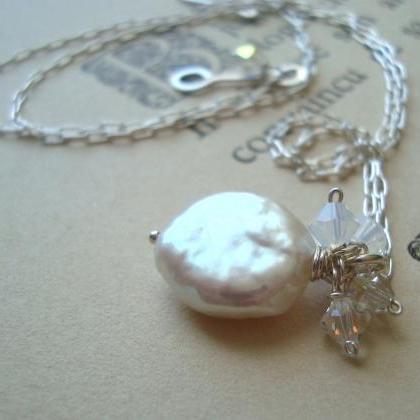 White Coin Pearl And Crystal Necklace Bridal..