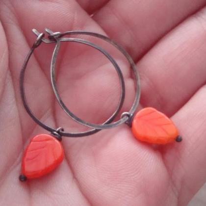 Orange Leaf Hoop Earrings Oxidized Sterling..