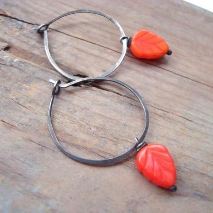 Orange Leaf Hoop Earrings Oxidized Sterling..