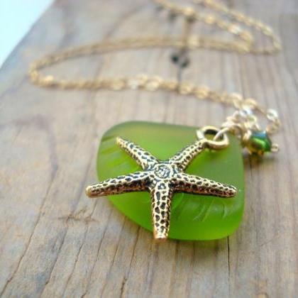 Gold Starfish And Green Sea Glass Necklace With..