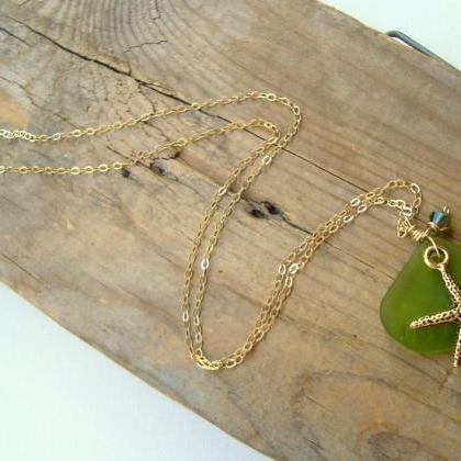 Gold Starfish And Green Sea Glass Necklace With..