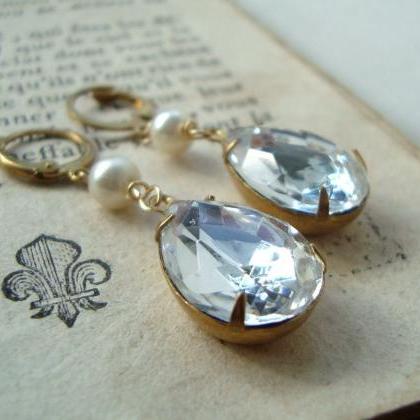 Rhinestone Earrings With Pearl White Clear Crystal..