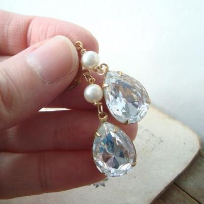 Rhinestone Earrings With Pearl White Clear Crystal..