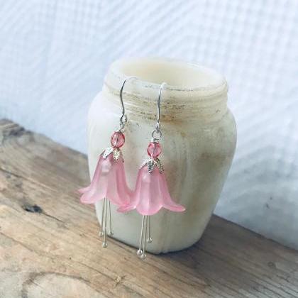 Pink Lucite Blossoms Earrings With Crystal Silver..