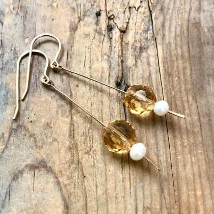Citrine Stick Earrings With Pearl Gold Filled..
