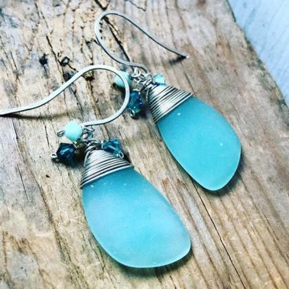 Pastel Aqua Sea Glass Earrings With Crystal..