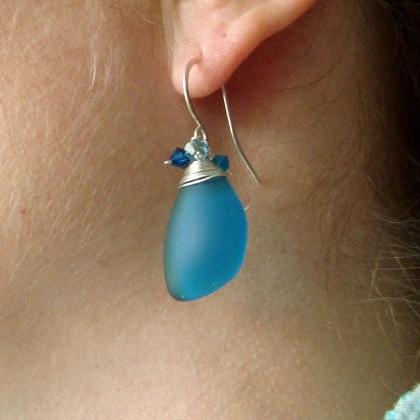 Pastel Aqua Sea Glass Earrings With Crystal..