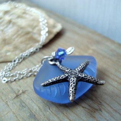 Silver Starfish And Blue Sea Glass Necklace With..