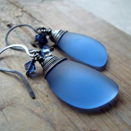 Denim Blue Sea Glass Earrings With Crystal Eclipse..