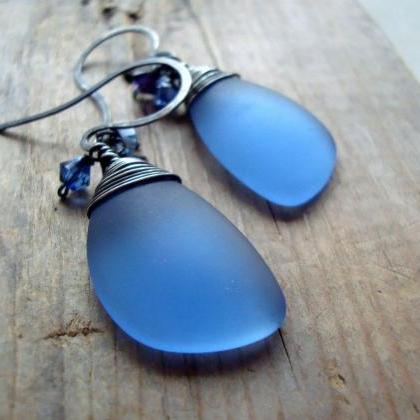 Denim Blue Sea Glass Earrings With Crystal Eclipse..