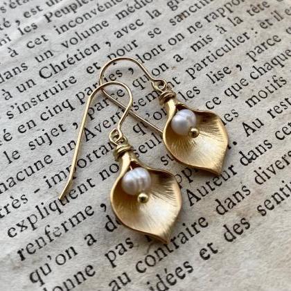 Gold Calla Lily Earrings With White Pearl Bridal..