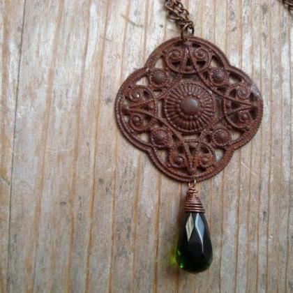 Rust Filigree Necklace Green Glass Long Necklace..