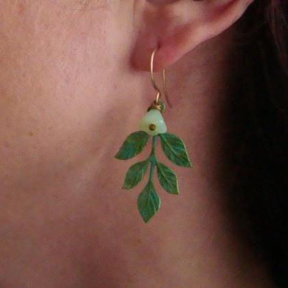 Green Patina Leaf Earrings Hand Painted Flower..