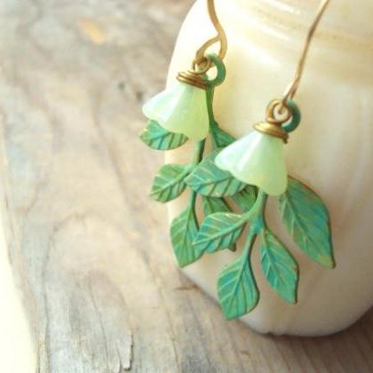 Green Patina Leaf Earrings Hand Painted Flower..