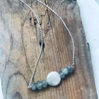 White Coin Pearl Necklace With Aqua..