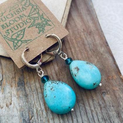 Large Turquoise Teardrop Earrings With Crystal..