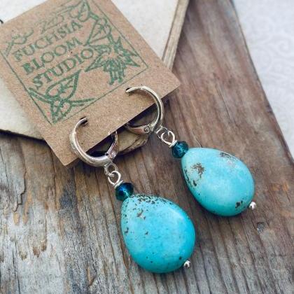 Large Turquoise Teardrop Earrings With Crystal..