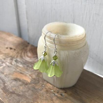 Lime Green Lucite Blossoms Earrings With Crystal..