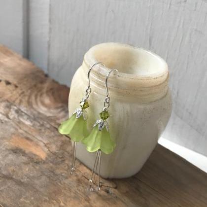 Lime Green Lucite Blossoms Earrings With Crystal..